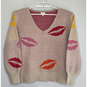 Dee Elly Pullover Sweater Womens Size Large Pink "Lips Print" V-Neck Long Sleeve